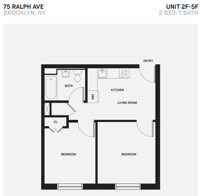 Floor plan for 2 beds, 1 bath, 504 sqft